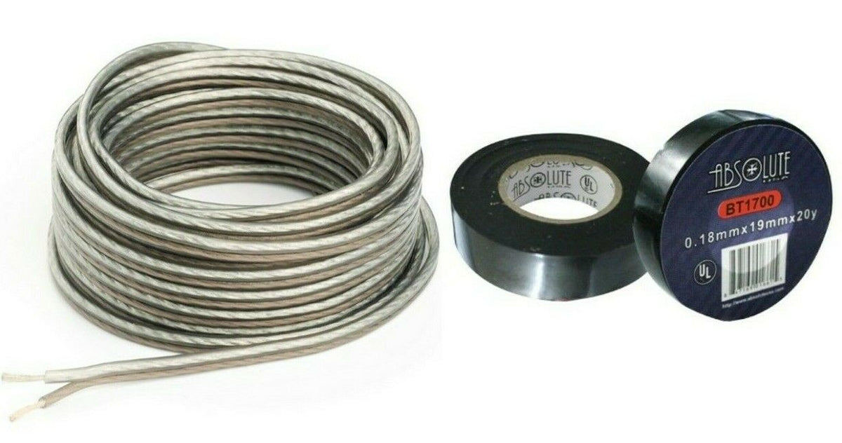 Absolute S16G100 16 Gauge 100' Clear Speaker Wire and 3/4" x 60' FT Black Electrical Tape