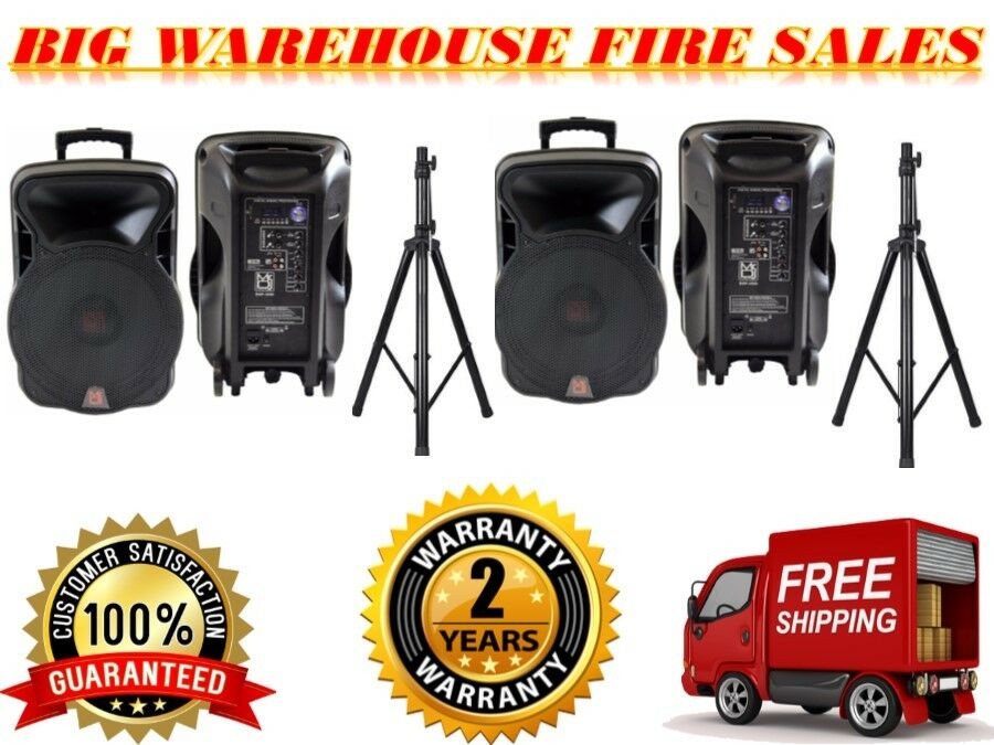 2 DSP4000 PRO 15" 4000W Bluetooth DSP FM Radio USB Portable PA DJ Speaker & Stands