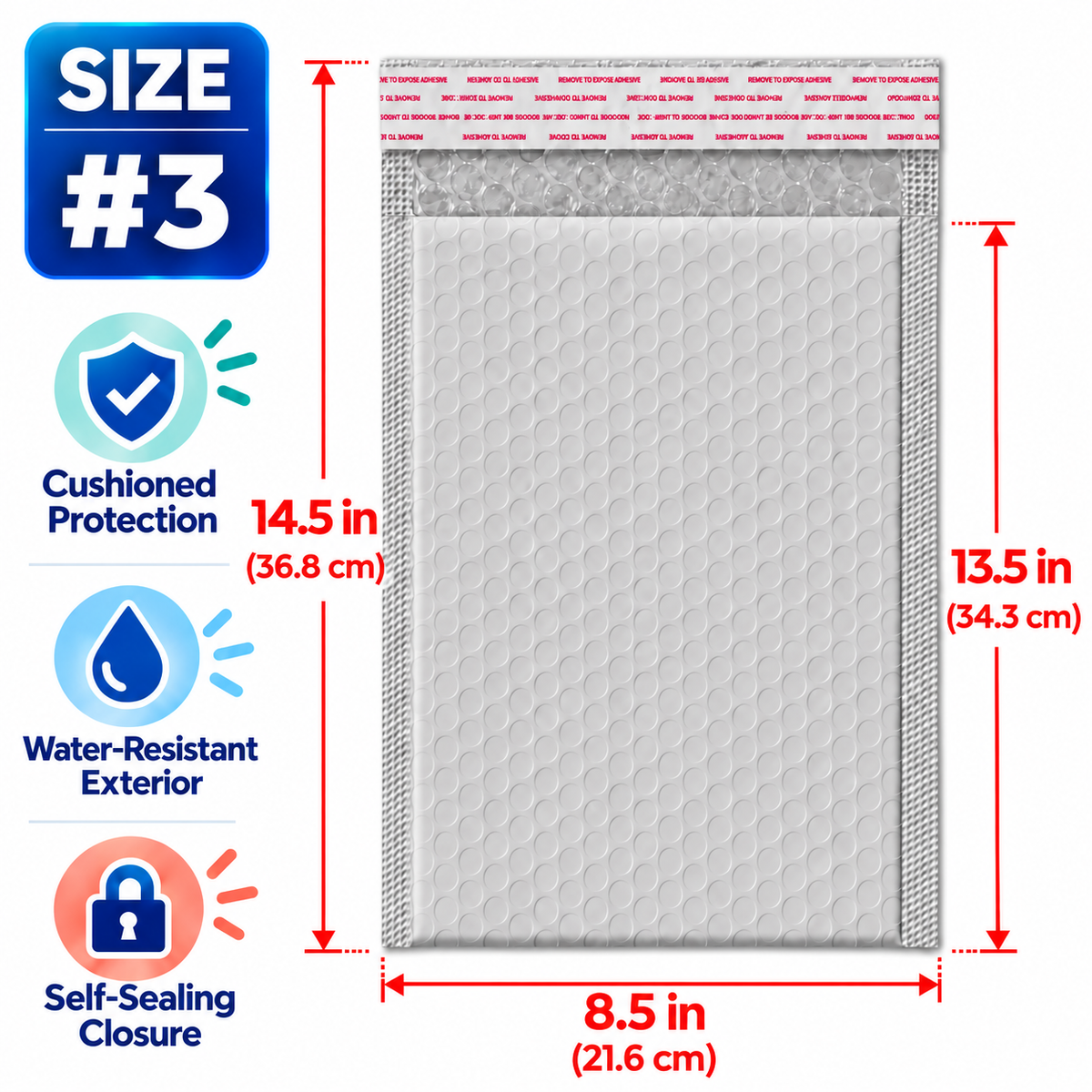 BM Paper 200-Pack #3 8.5" x 13.5" White Bubble-Lined Poly Mailers – Self-Sealing Padded Shipping Envelopes