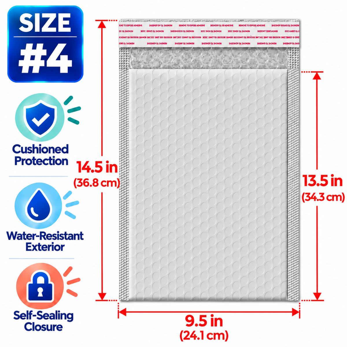 BM Paper 50-Pack #4 9.5" x 13.5" White Bubble-Lined Poly Mailers Self-Sealing Padded Shipping Envelopes