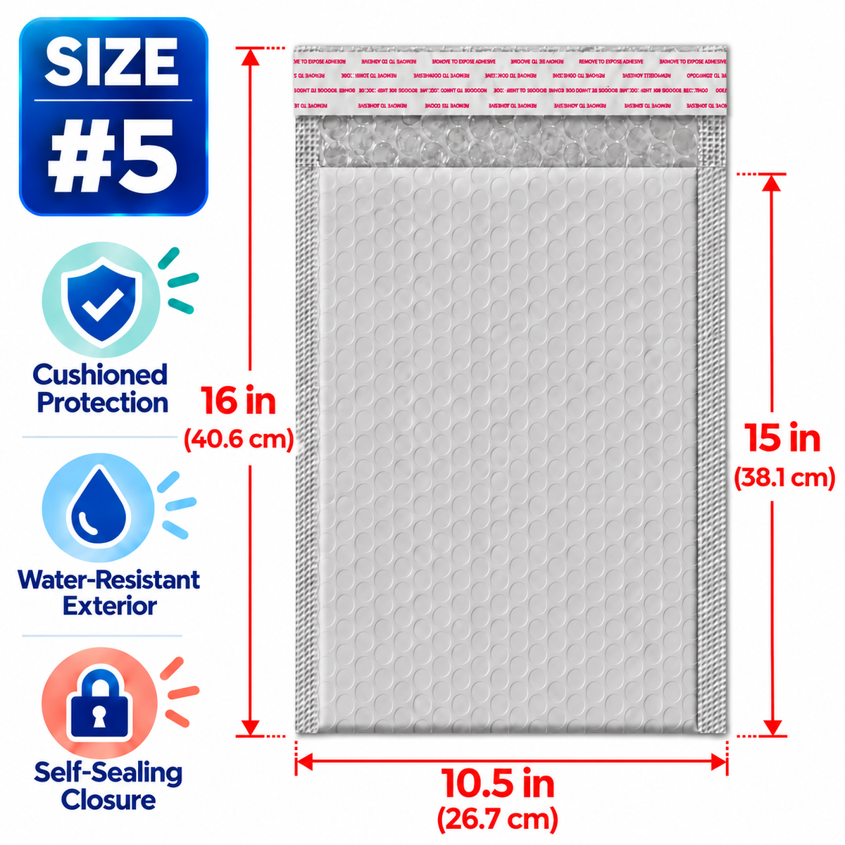 BM Paper 200-Pack #5 10.5" x 15" White Bubble-Lined Poly Mailers Self-Sealing Padded Shipping Envelopes