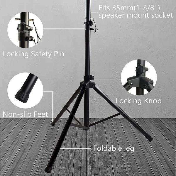 Features of the MR DJ SS750PKG 2 Stage Speaker Stand including locking safety pin, non-slip feet, locking knob, and foldable leg.