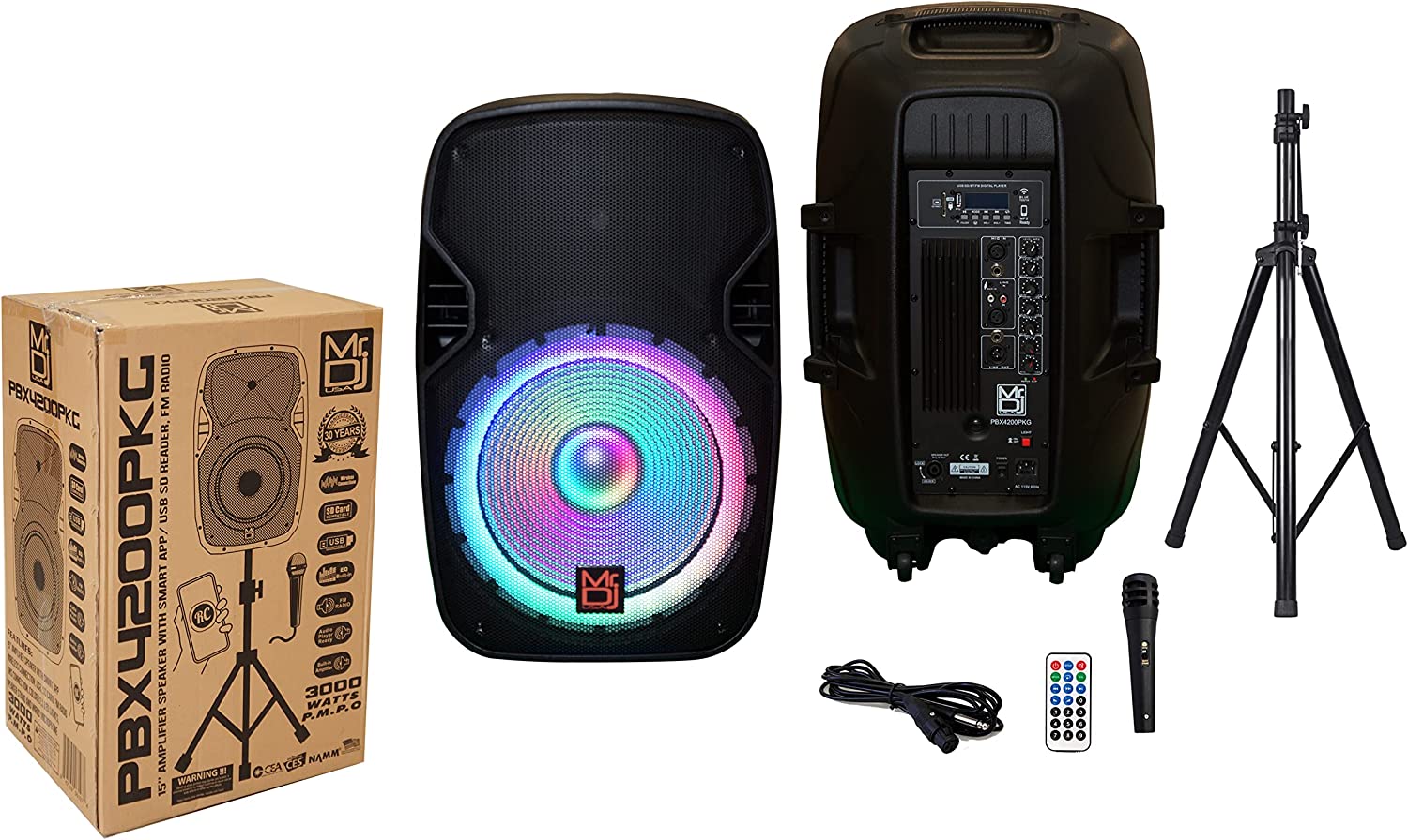 MR DJ PBX4200PKG 15" PA DJ 3000W Bluetooth Karaoke Speaker LED + Speaker Stand