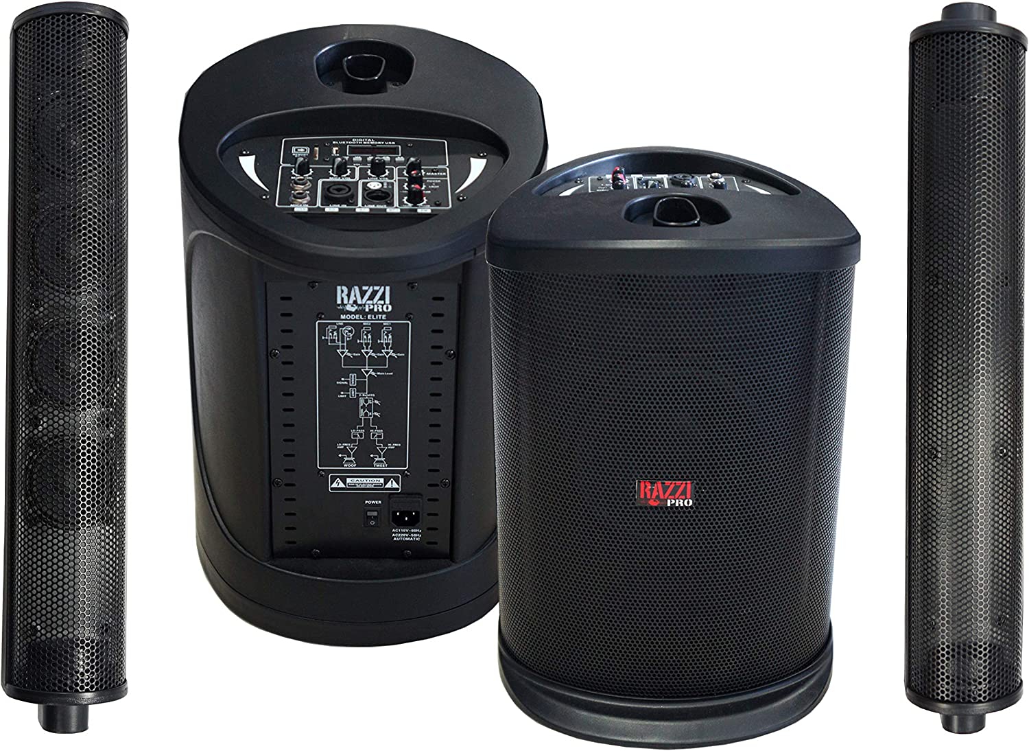 Razzi PRO Elite Line Array All in one 8" Subwoofer with 2 Section Tower with 4 x 3" PA Bluetooth Portable DJ Speaker