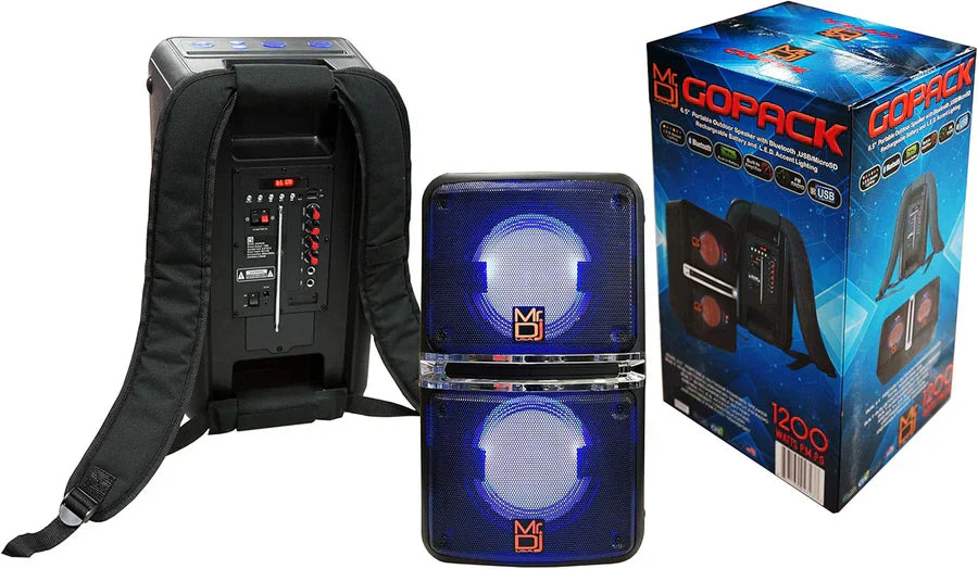 2 MR DJ GOPACK Dual 6.5" 1200W Portable Speaker Bluetooth USB/Micro SD Rechargeable LED Accent Lighting