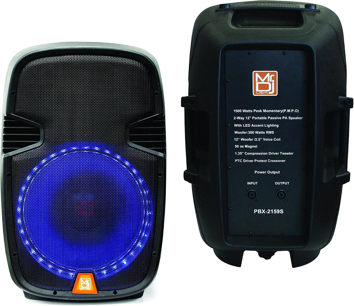 MR DJ PBX2159S 12" Portable PA/DJ 2 Way Passive Speaker LED Accent Lighting