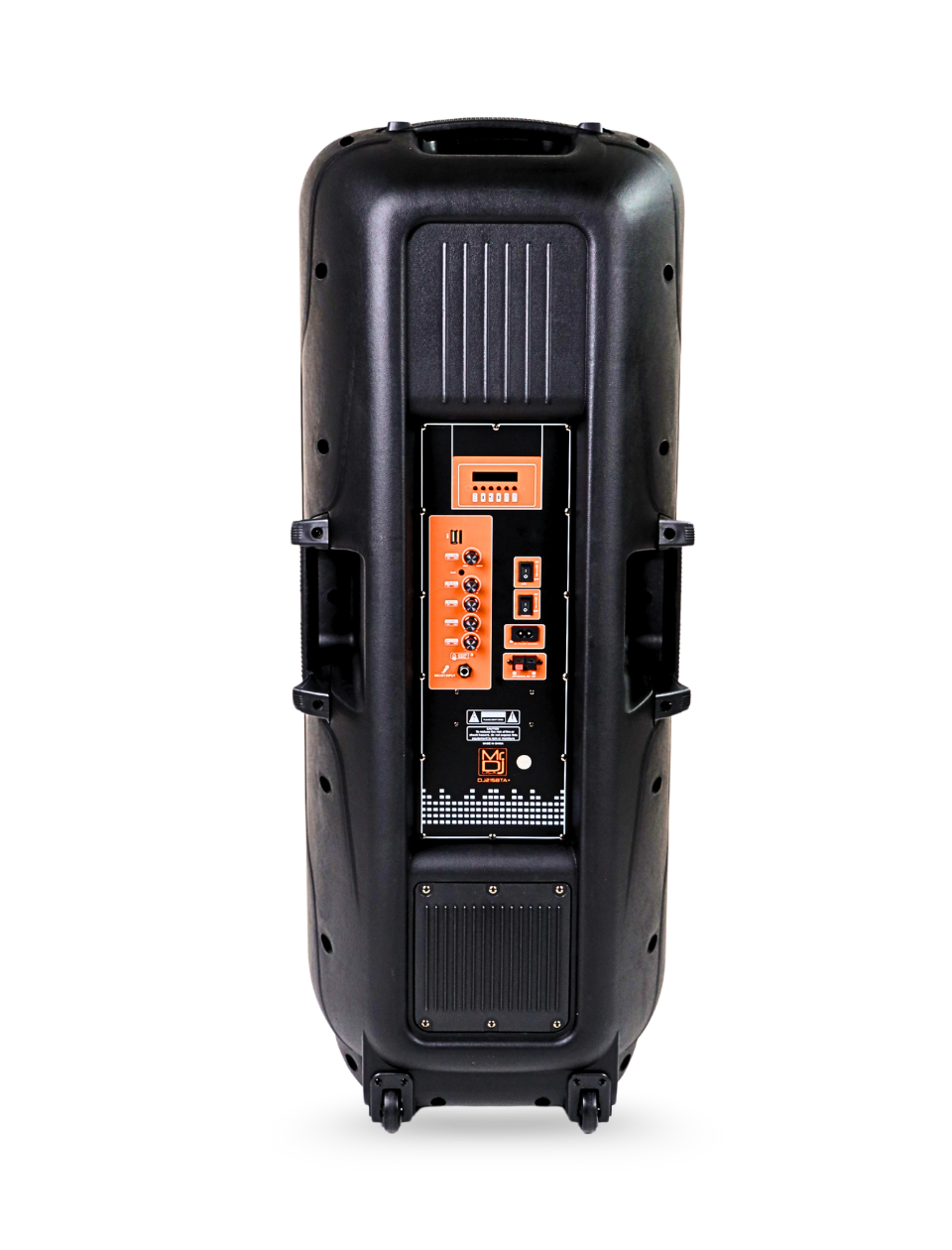 Black portable Battery Powered Bluetooth Speaker with control panel on a white background