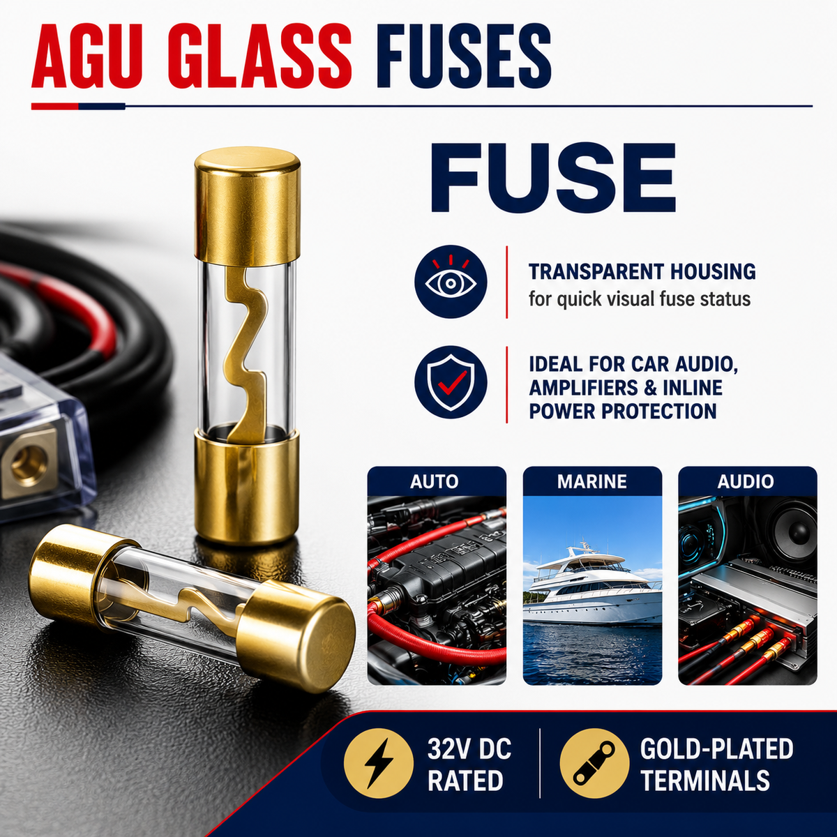 Absolute AGULB-40 5-Pack 40 Amp AGU Glass Fuses with Blue LED Blown Fuse Indicator