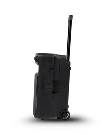 Black suitcase with wheels and handle on a white background