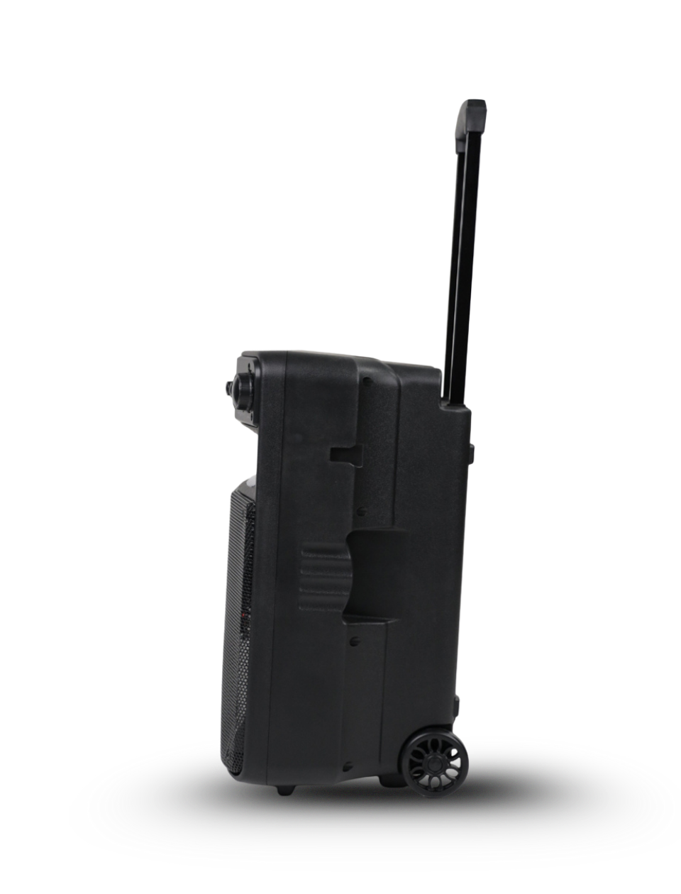Black suitcase with wheels and handle on a white background