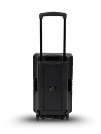 Black suitcase with wheels and a handle on a white background