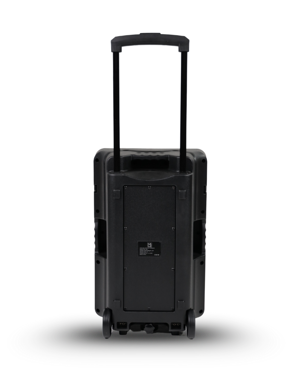 Black suitcase with wheels and a handle on a white background