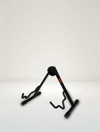A black A-frame guitar stand with rubber padding, designed for supporting a guitar in an upright position.