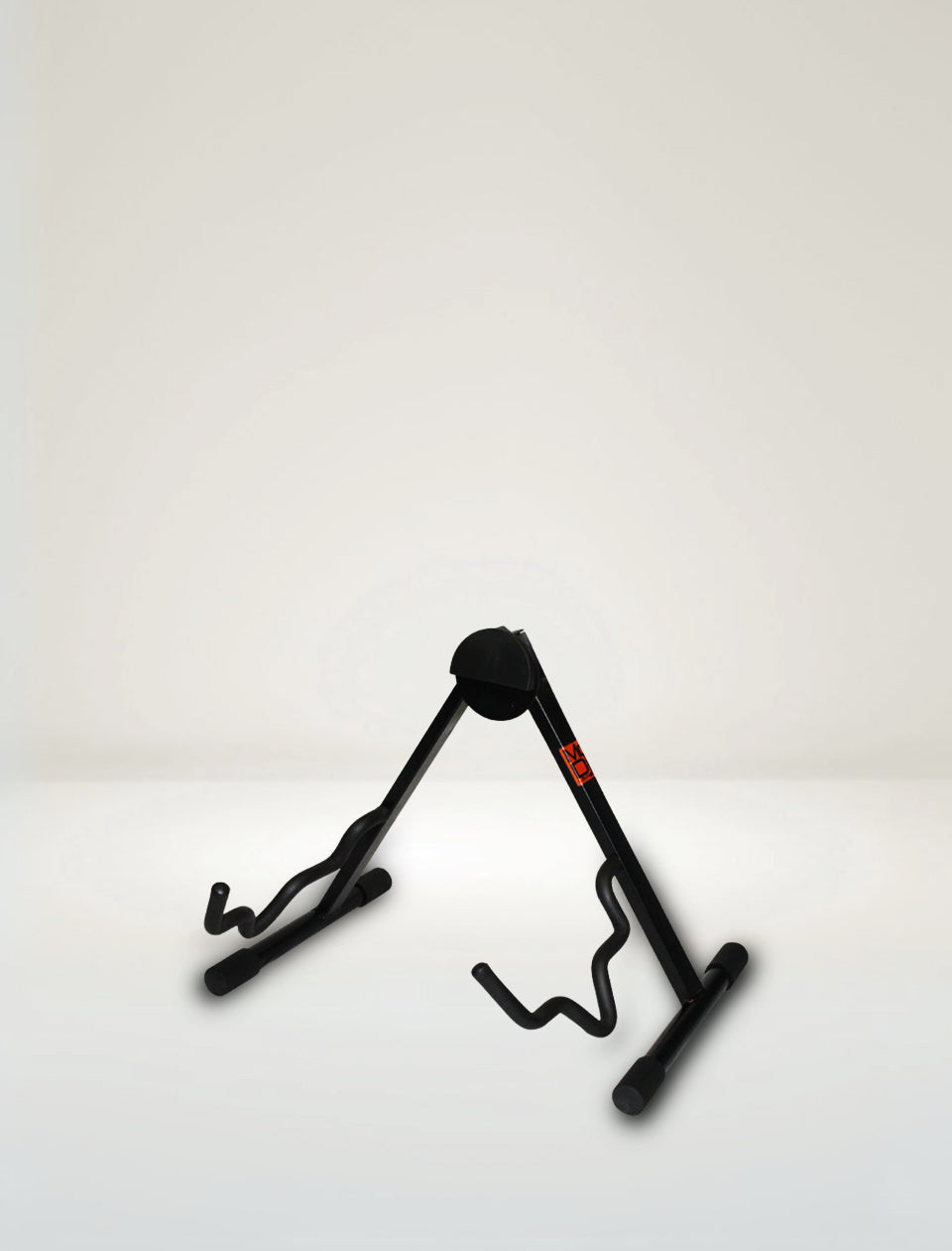 A black A-frame guitar stand with rubber padding, designed for supporting a guitar in an upright position.