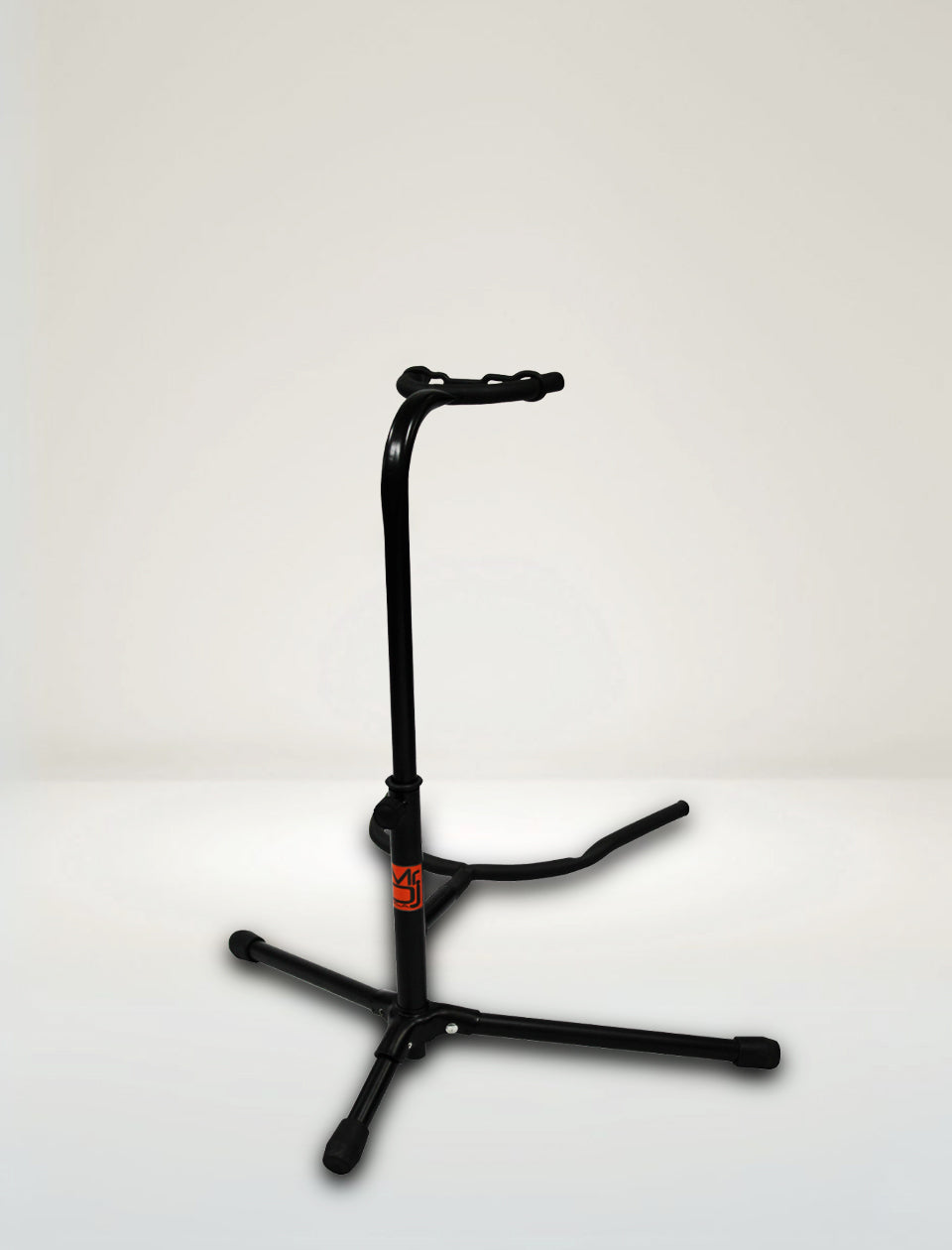 A black single guitar stand with a smart locking mechanism and red safety feet, designed for supporting electric or acoustic guitars.