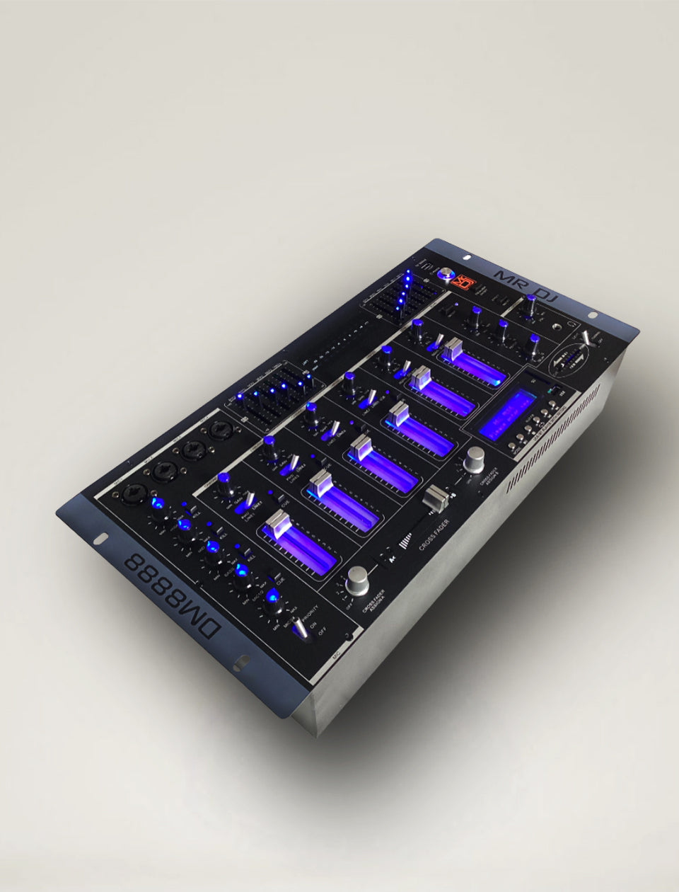 MR DJ DM8888 6-Channel Audio Mixer with LED controls, USB/SD slots and Bluetooth connectivity.
