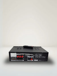 Back view of MR DJ AS305 Hybrid Home Audio Amplifier showing connections and remote control.