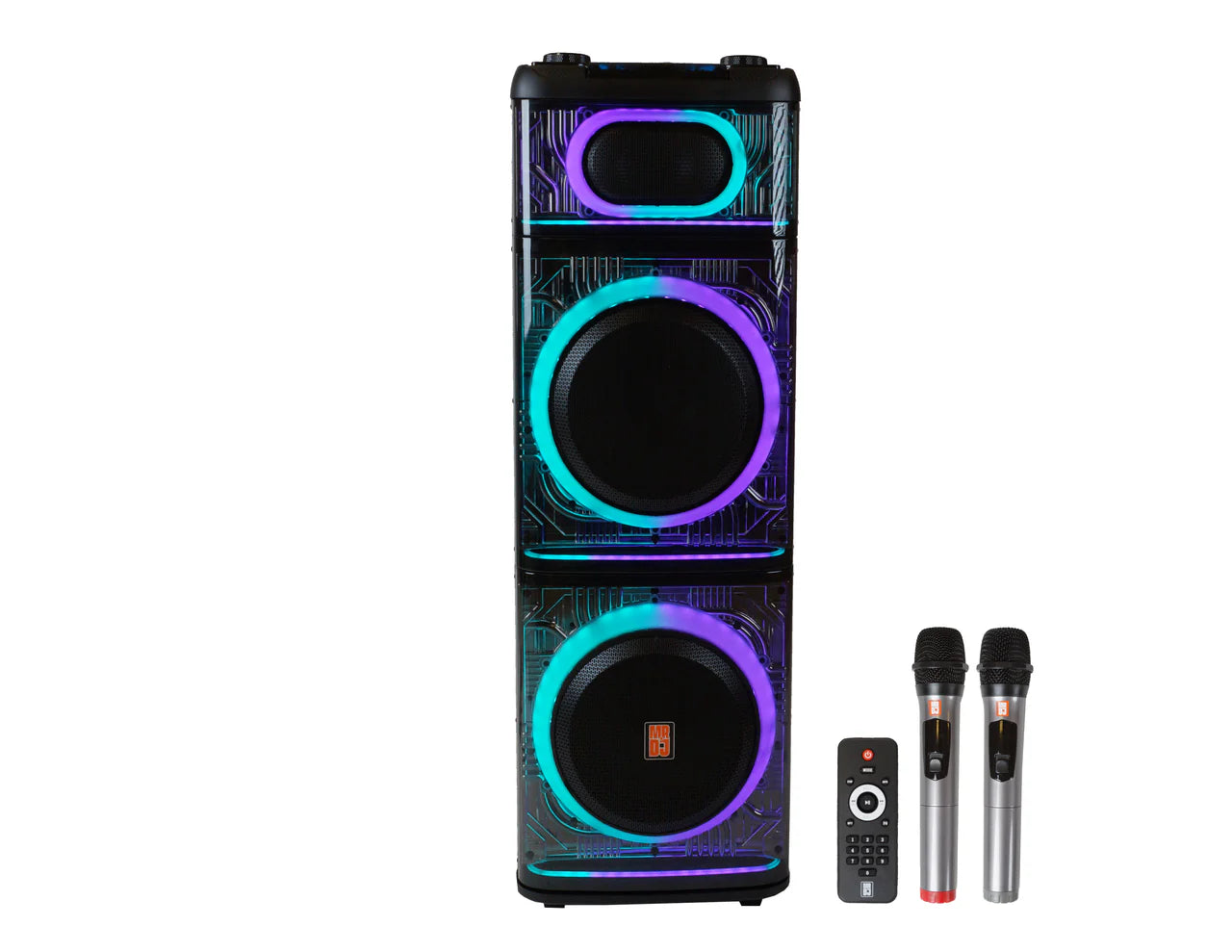 MR DJ BEVERLY HILLS 55000W Dual 12” Bluetooth Rechargeable Party Speaker Ring Partylights 2 Wireless Mic TWS Portable DJ PA System