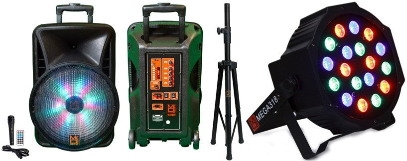 MR DJ DJ18BAT+ 18" Portable Bluetooth Speaker + Speaker Stand + 18-LED Slim Par Wash DJ Light