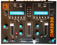 MR DJ DM3838 2-Channel Portable Audio Mixer with Dual Bluetooth, USB playback options and clear interface.