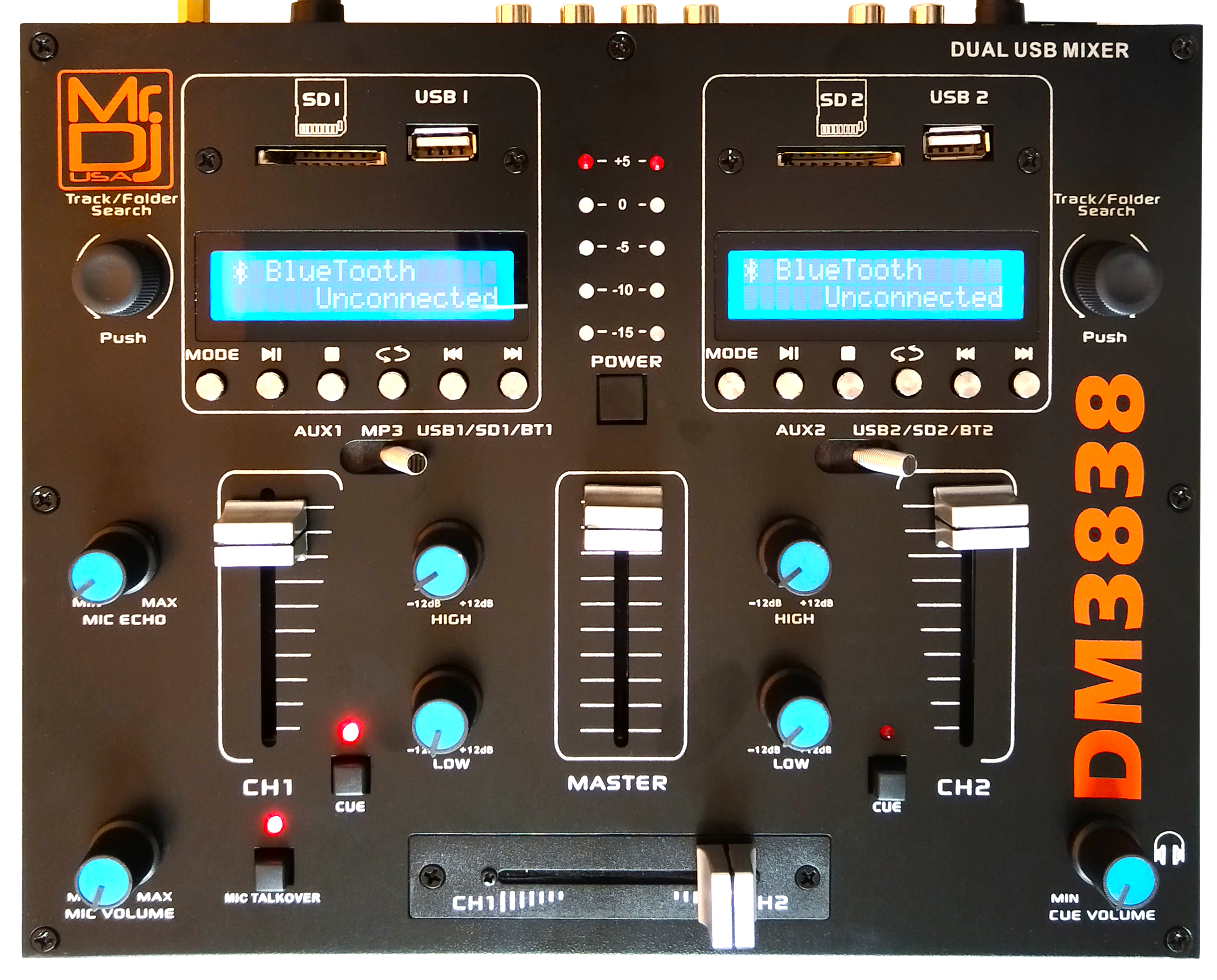 MR DJ DM3838 2-Channel Portable Audio Mixer with Dual Bluetooth, USB playback options and clear interface.