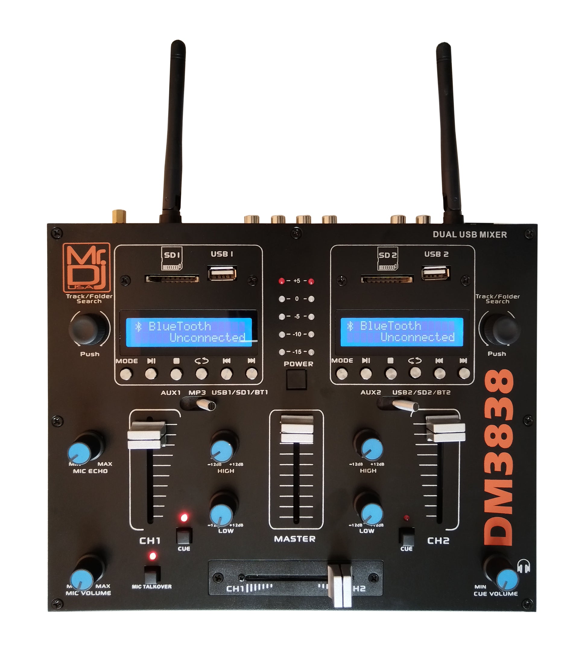 MR DJ DM3838 2-Channel Portable Audio Mixer with dual USB and Bluetooth connectivity.