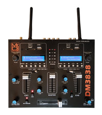 MR DJ DM3838 2-Channel Portable Audio Mixer with dual USB and Bluetooth connectivity.