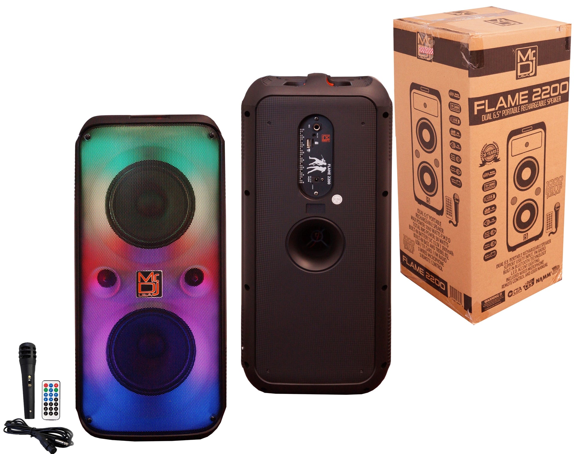 MR DJ FLAME2200 6.5" X 2 Rechargeable Portable Bluetooth Karaoke Speaker with Party Flame Lights Microphone TWS  FM Radio