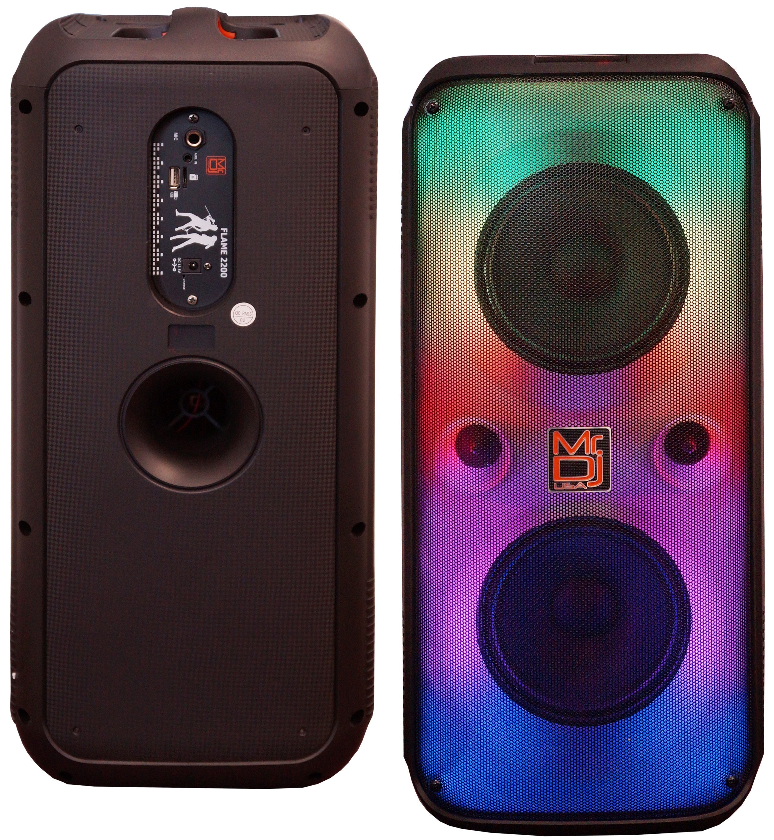MR DJ FLAME2200 6.5" X 2 Rechargeable Portable Bluetooth Karaoke Speaker with Party Flame Lights Microphone  USB FM Radio