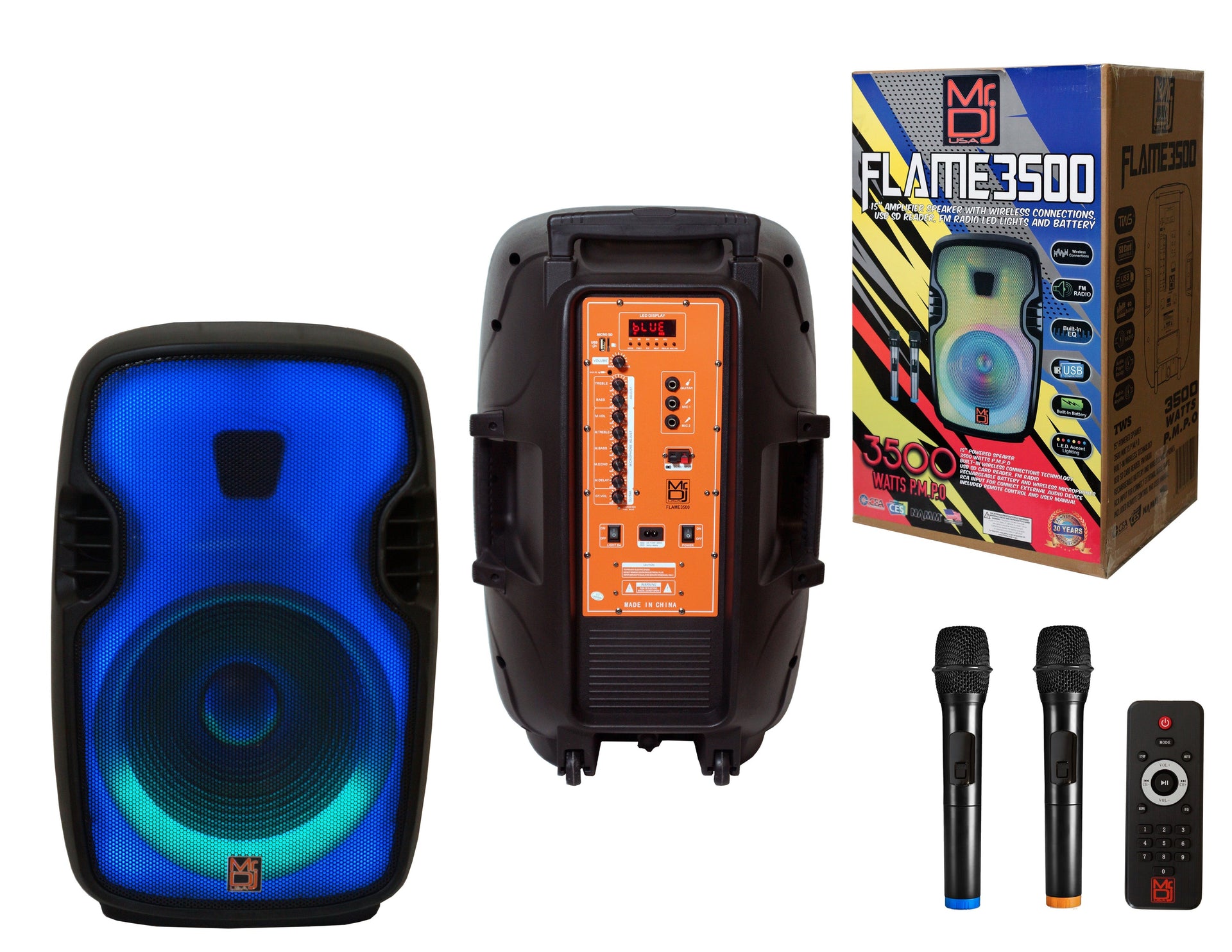 MR DJ FLAME3500LED Pro Portable 15" 2-Way Full-Range Powered/Active DJ PA Multipurpose Live Sound Loudspeaker
