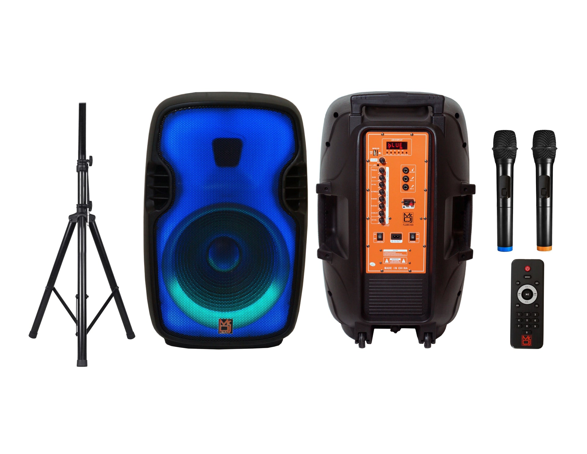MR DJ FLAME3500LED PRO Portable 15" 2-Way Full-Range Powered/Active DJ PA + Stand