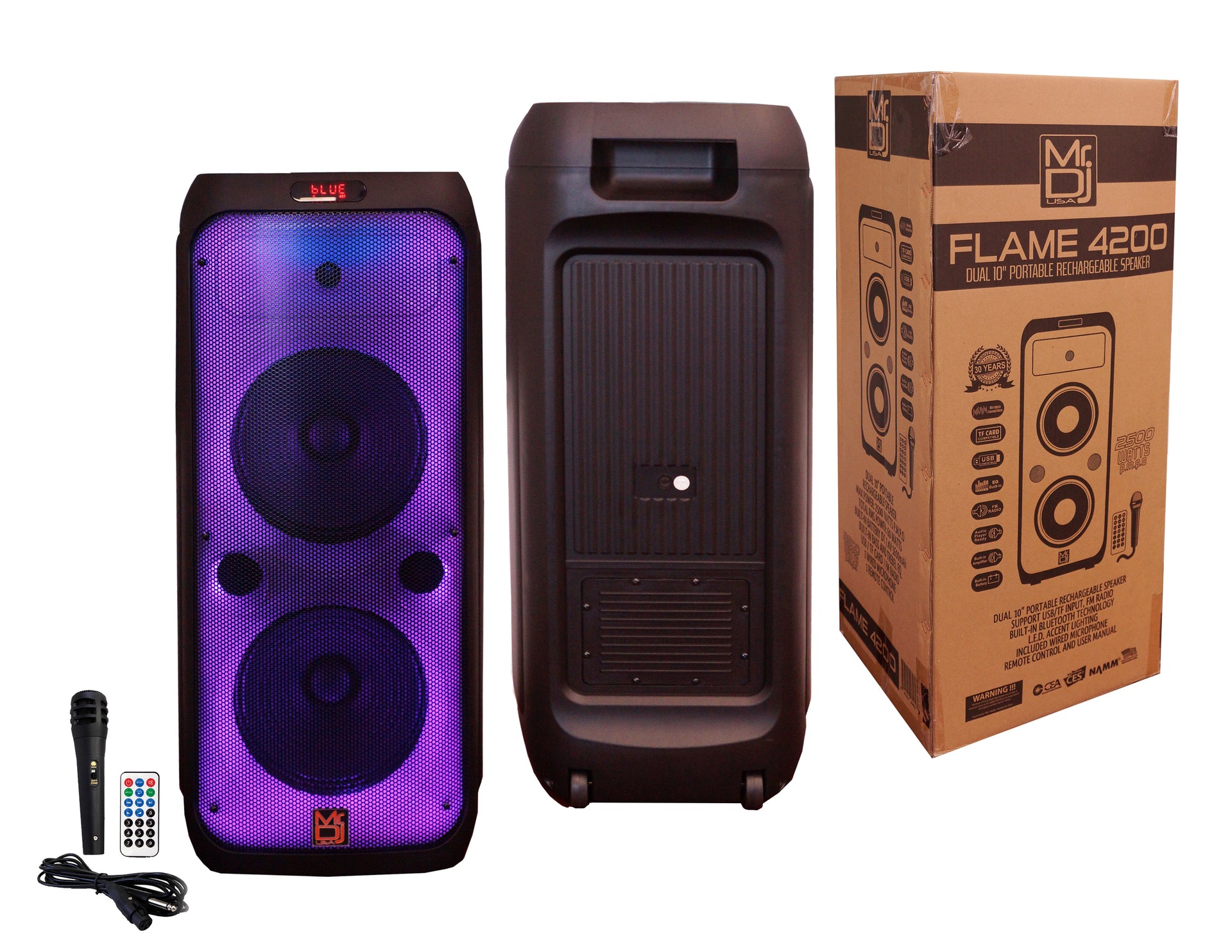 MR DJ FLAME4200 Portable Karaoke Speaker with colorful lights, microphone, and packaging.