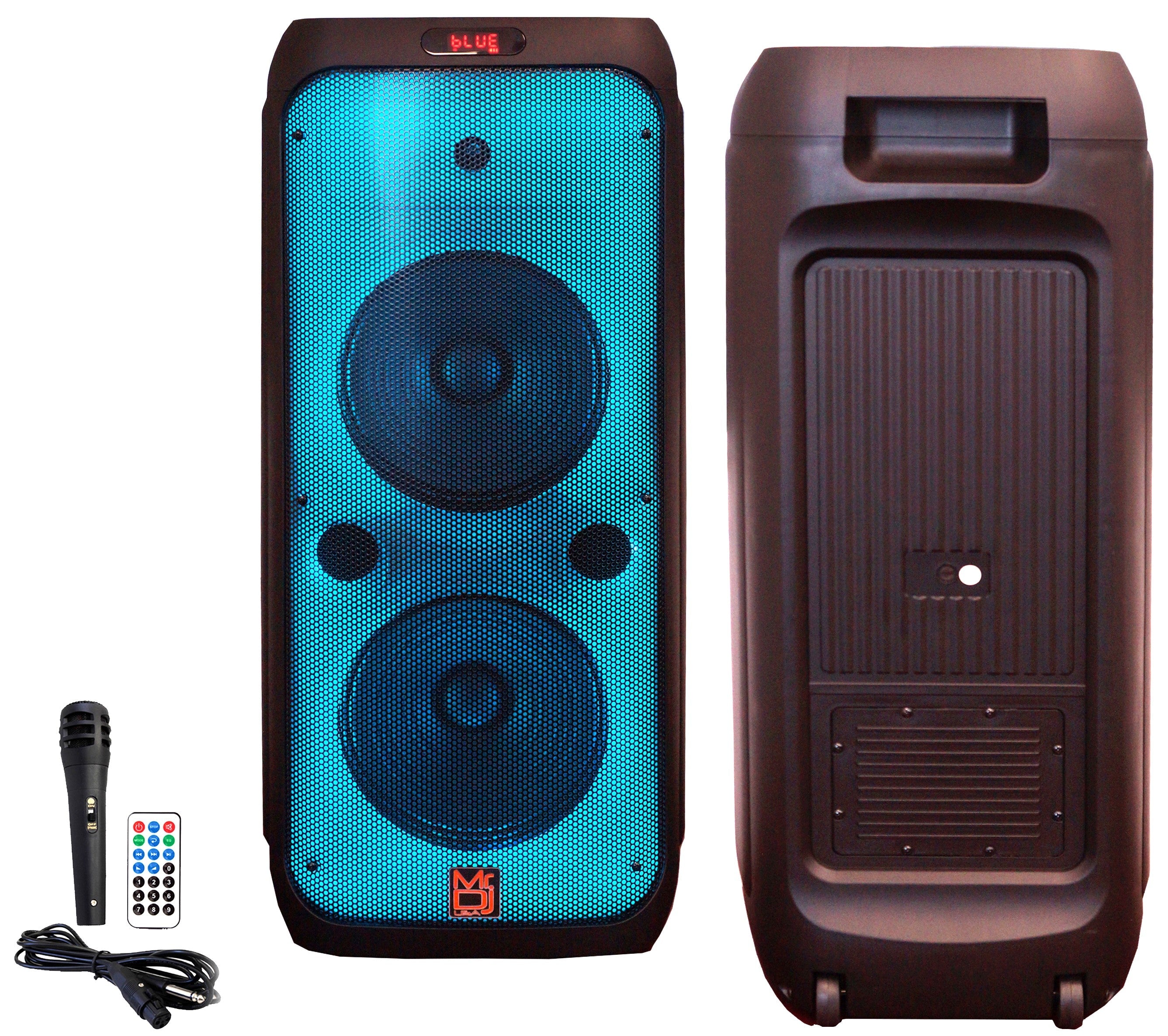 MR DJ FLAME4200 10" X 2 Rechargeable Bluetooth Karaoke Speaker with flame lights and microphone.