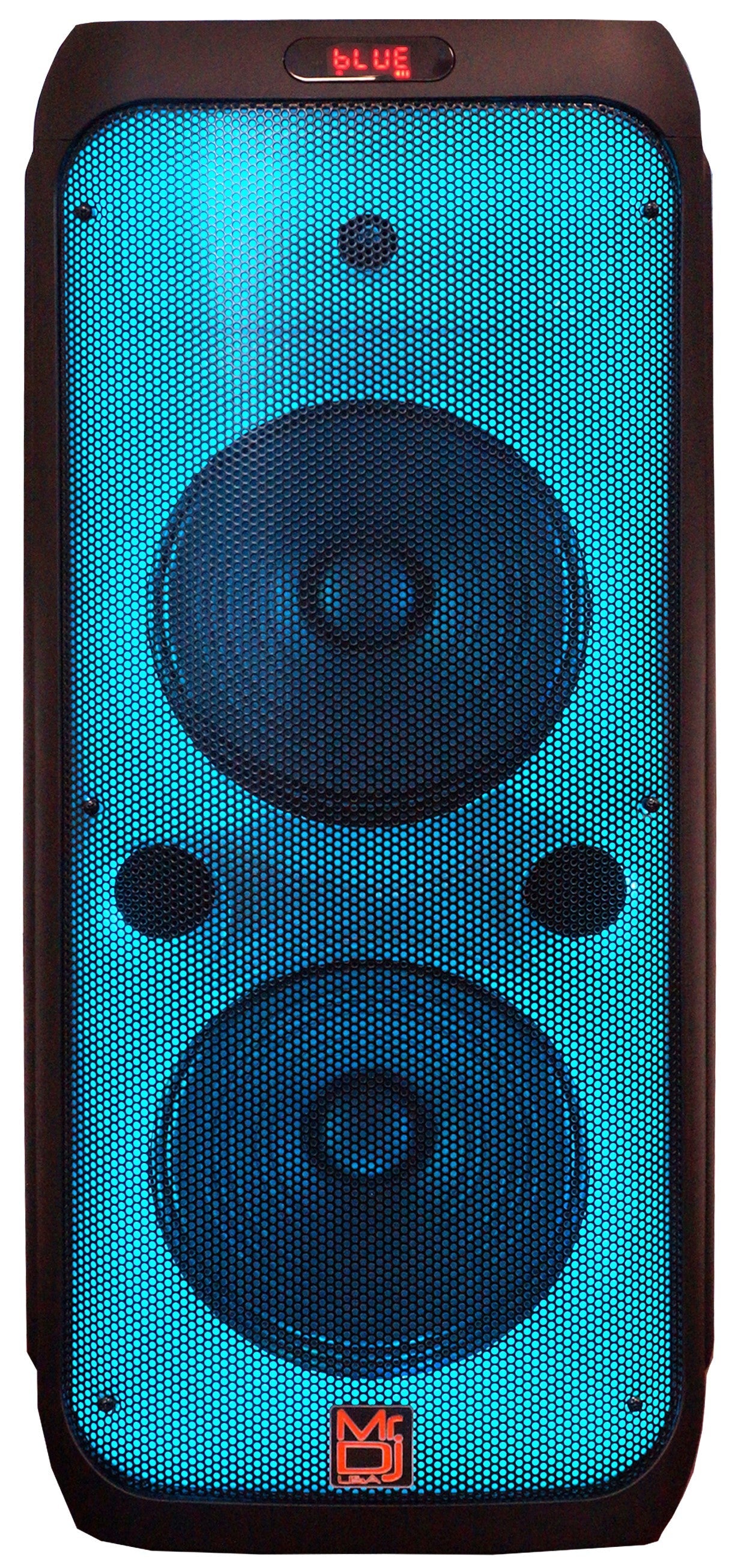 MR DJ FLAME4200 Bluetooth Karaoke Speaker with blue LED lights and dual speakers for portable audio fun.