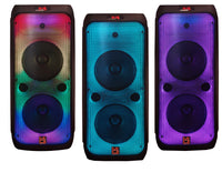 Three MR DJ FLAME4200 portable karaoke speakers with vibrant party lights, perfect for indoor and outdoor use.