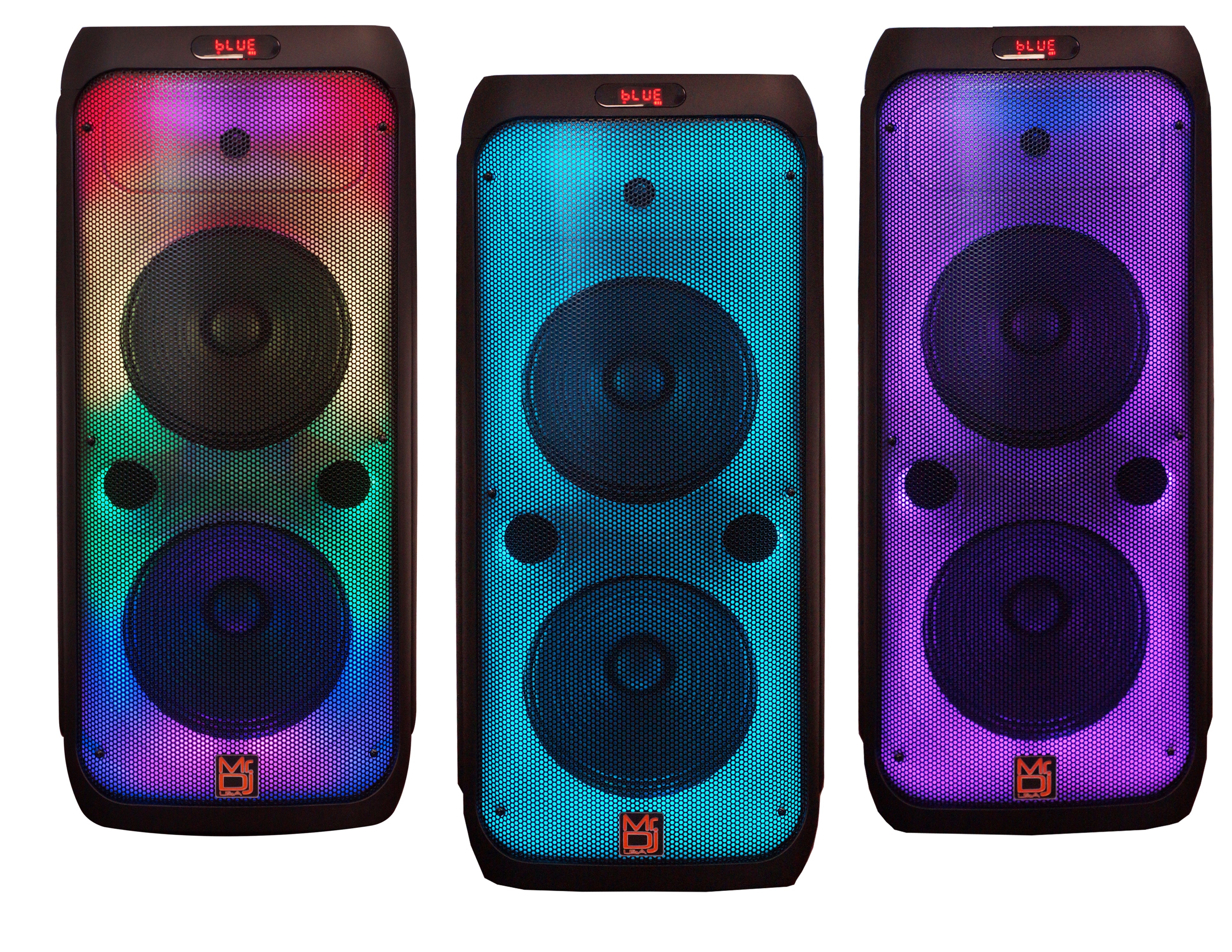 Three MR DJ FLAME4200 portable karaoke speakers with vibrant party lights, perfect for indoor and outdoor use.