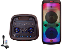 Top view of MR DJ FLAME4200 Bluetooth Karaoke Speaker with control panel, microphone, and party flame lights.