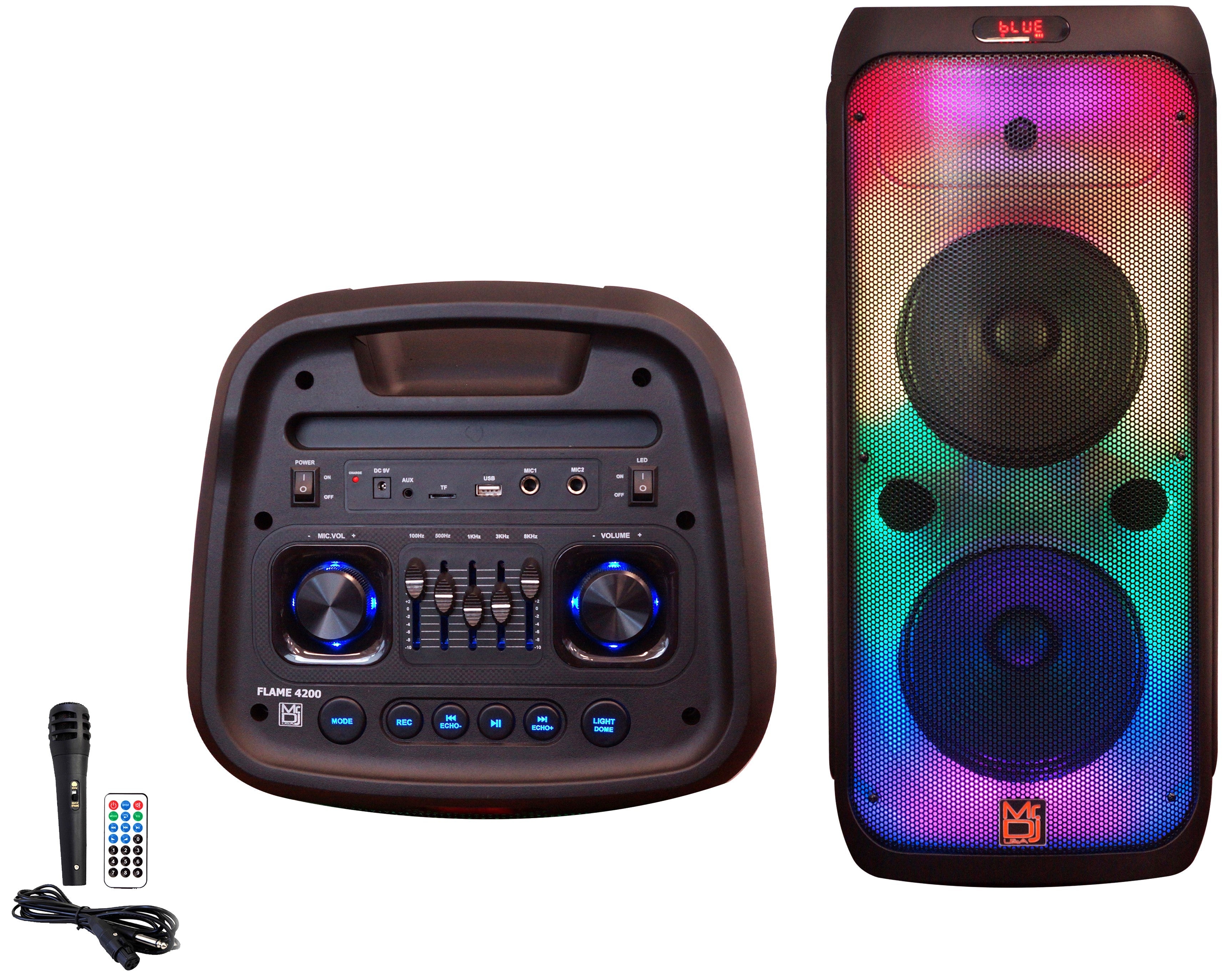 Top view of MR DJ FLAME4200 Bluetooth Karaoke Speaker with control panel, microphone, and party flame lights.