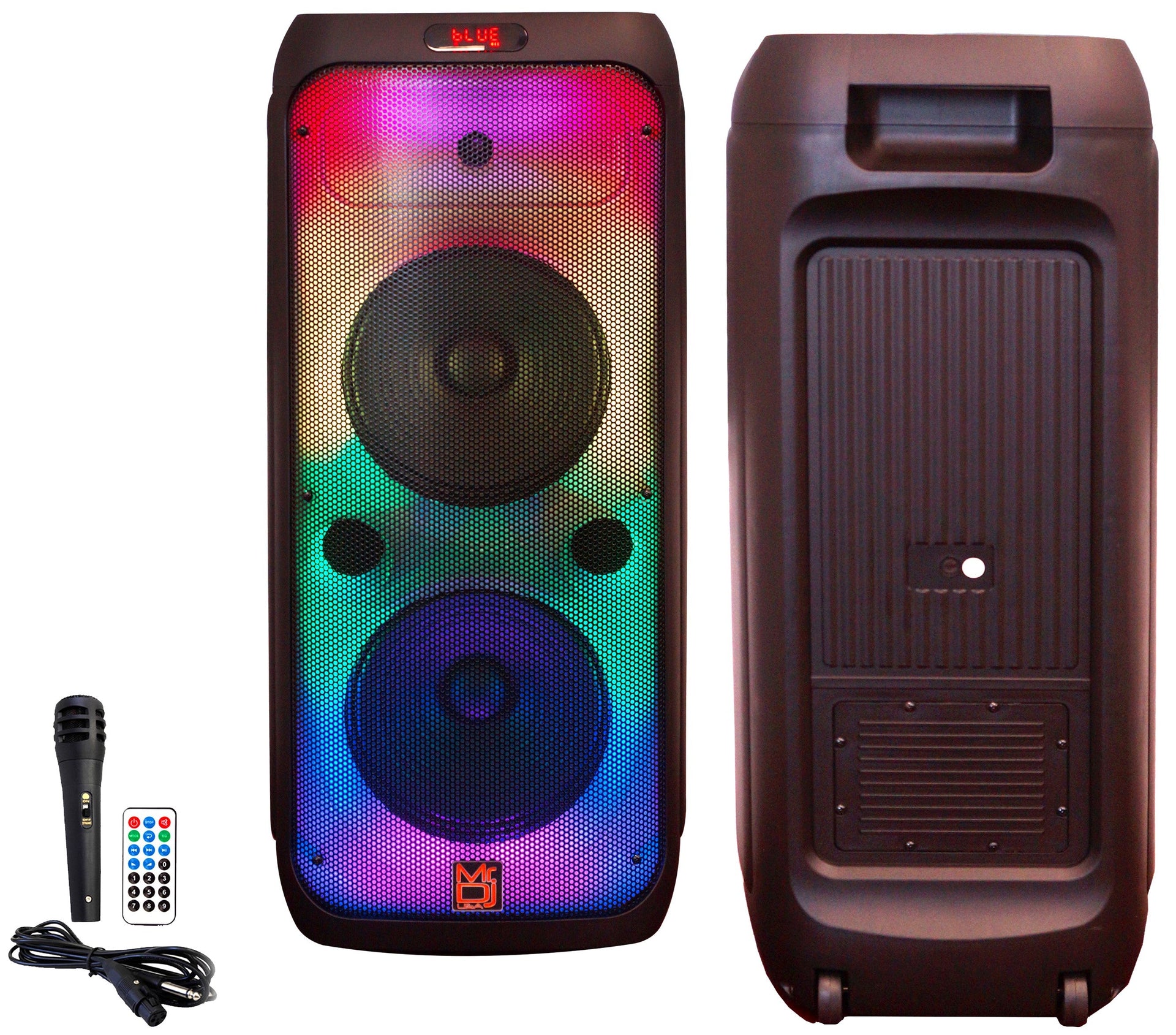 MR DJ FLAME4200 Karaoke Speaker with party flame lights, rechargeable, portable, Bluetooth, and microphone.