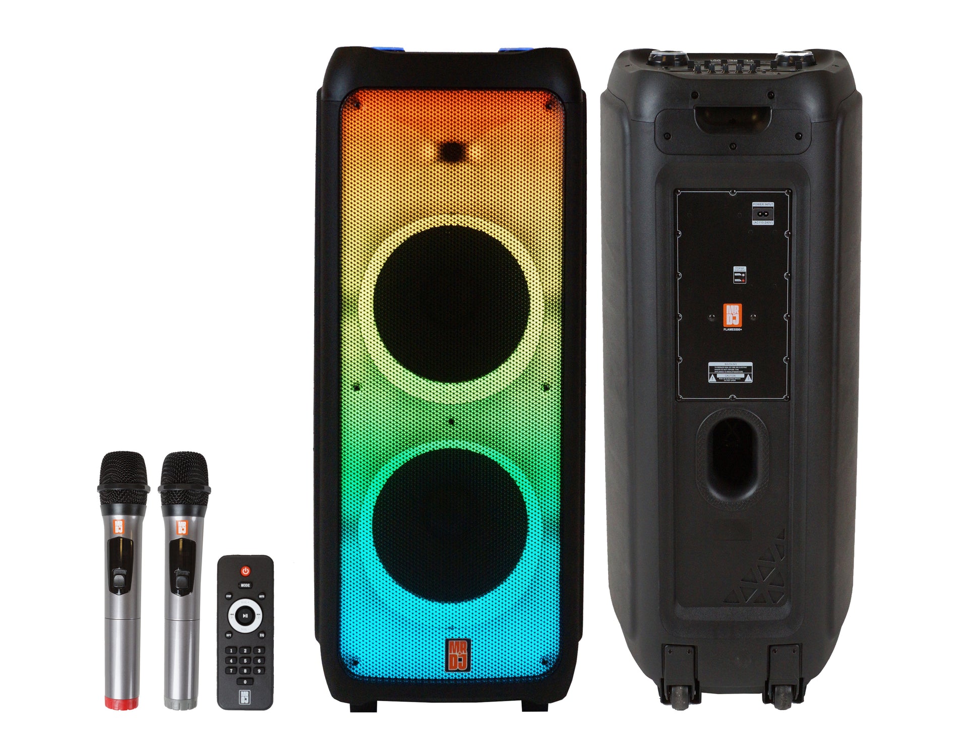 MR DJ FLAME5500LED+ 5500W Dual 12” Bluetooth Rechargeable Party Speaker Flame LED Lights 2 Wireless Mic TWS Portable DJ PA System
