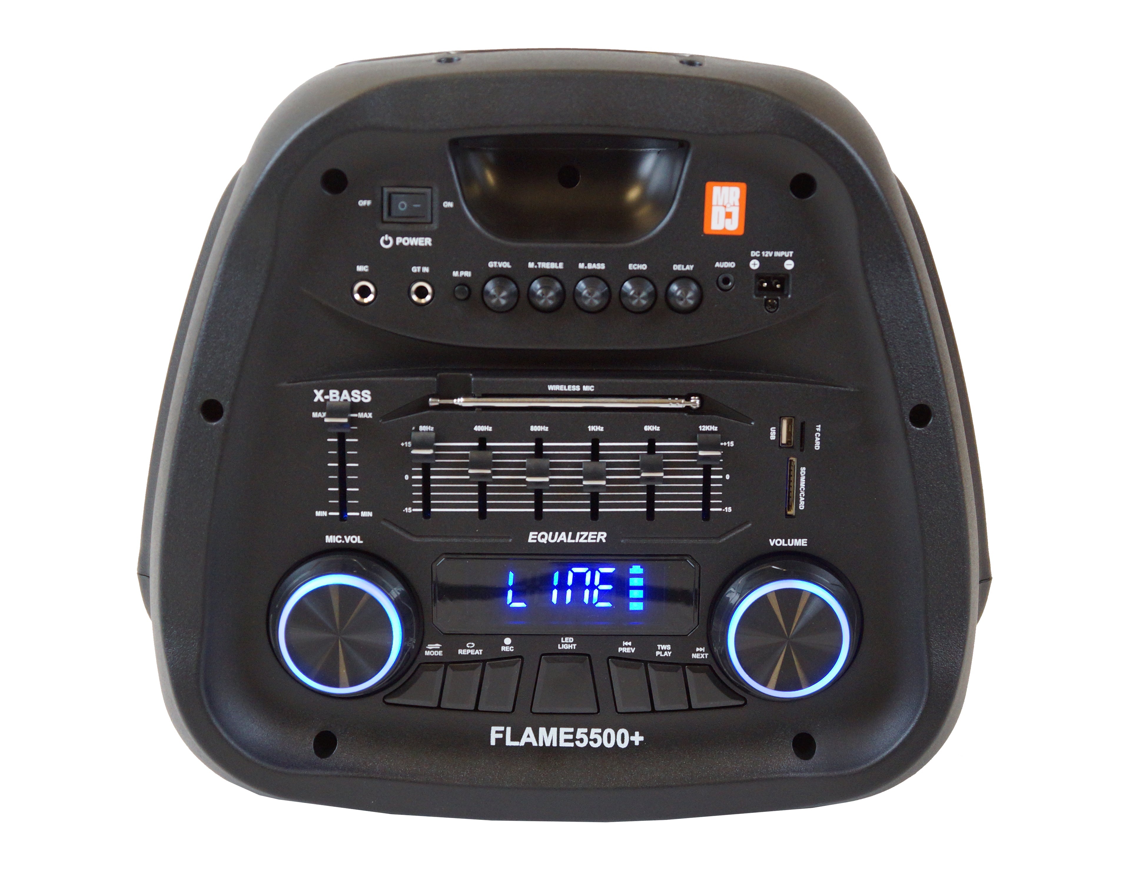 MR DJ FLAME5500LED+ 5500W Dual 12” Bluetooth Rechargeable Party Speaker Flame LED Lights 2 Wireless Mic TWS Portable DJ PA System