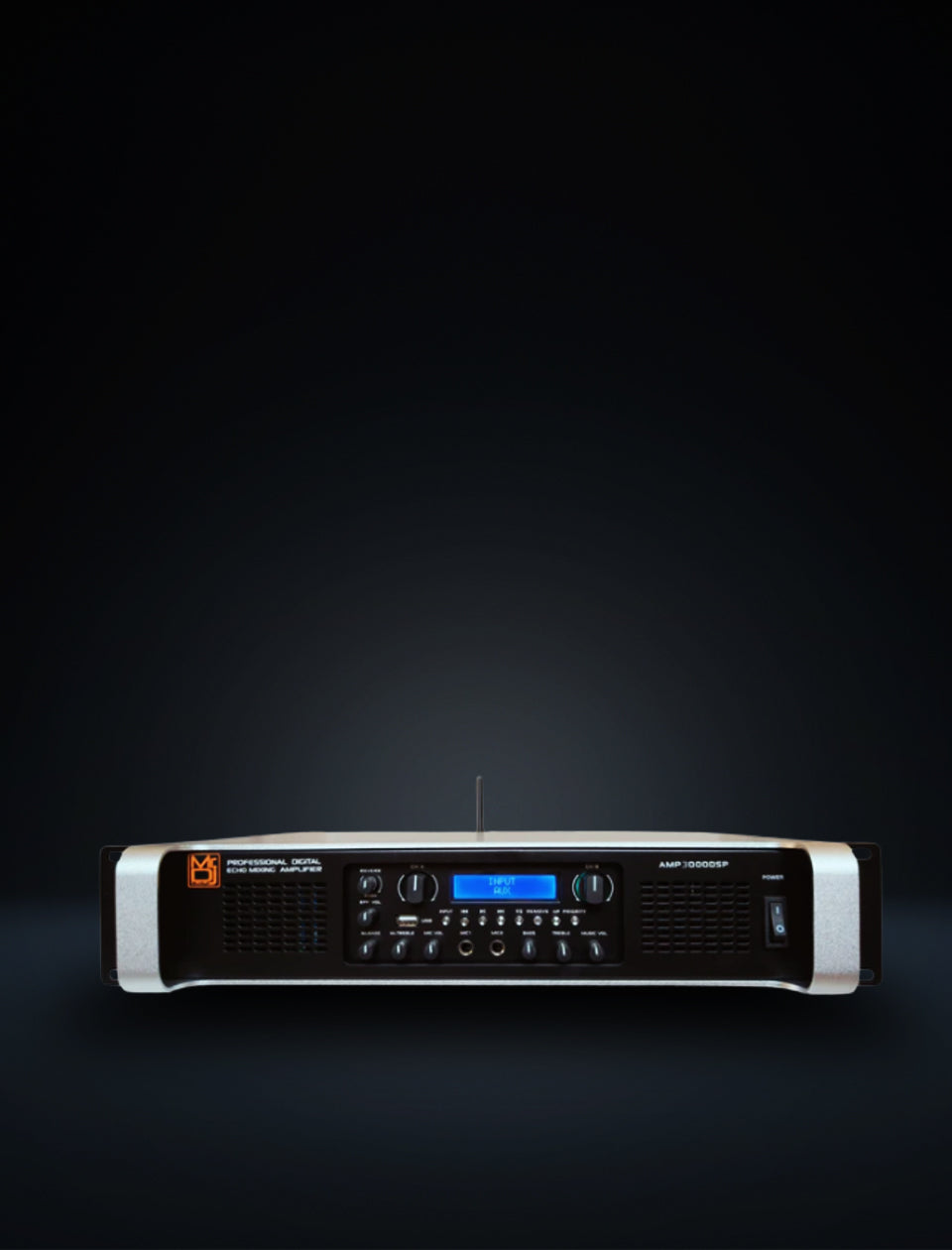 MR DJ AMP3000DSP 2Ch Class AB 3000W PA DJ Power Amplifier Onboard DSP Bluetooth USB mounted on a dark background.