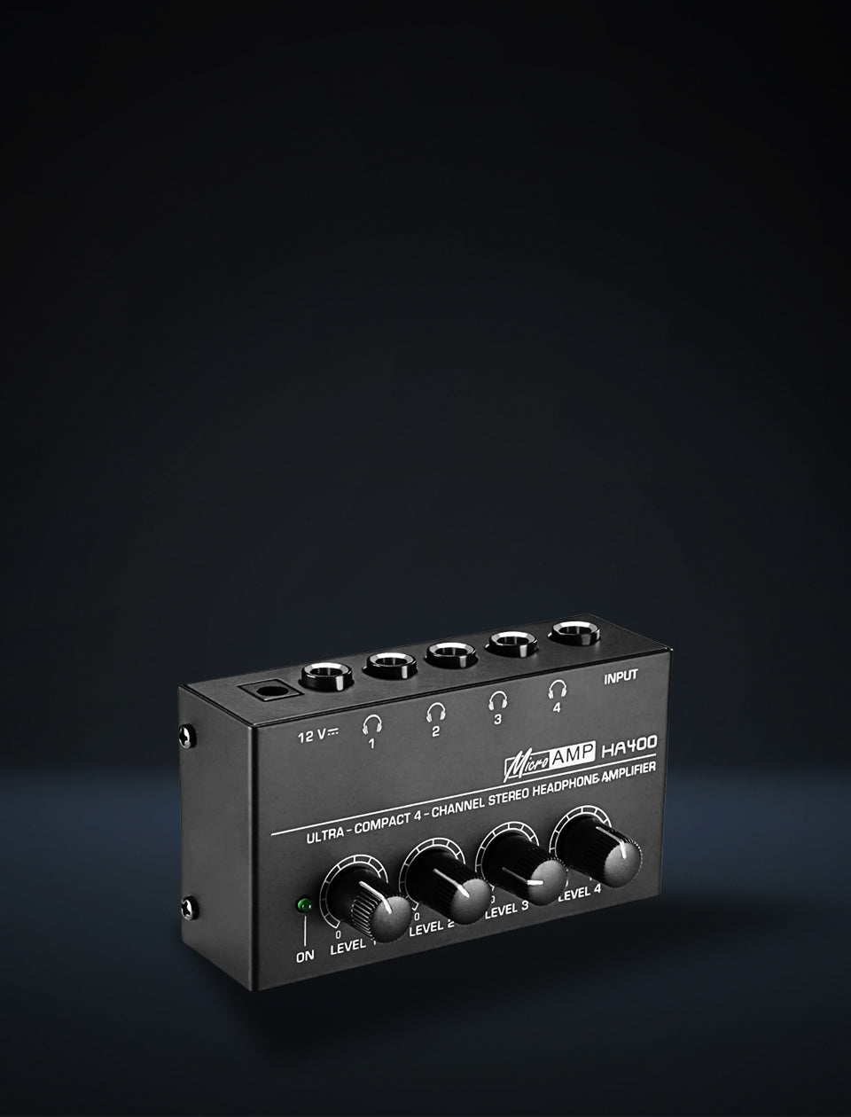 MR DJ Microamp HA400 HA400 Microamp ultra-compact 4-channel stereo headphone amplifier with adjustable level controls.