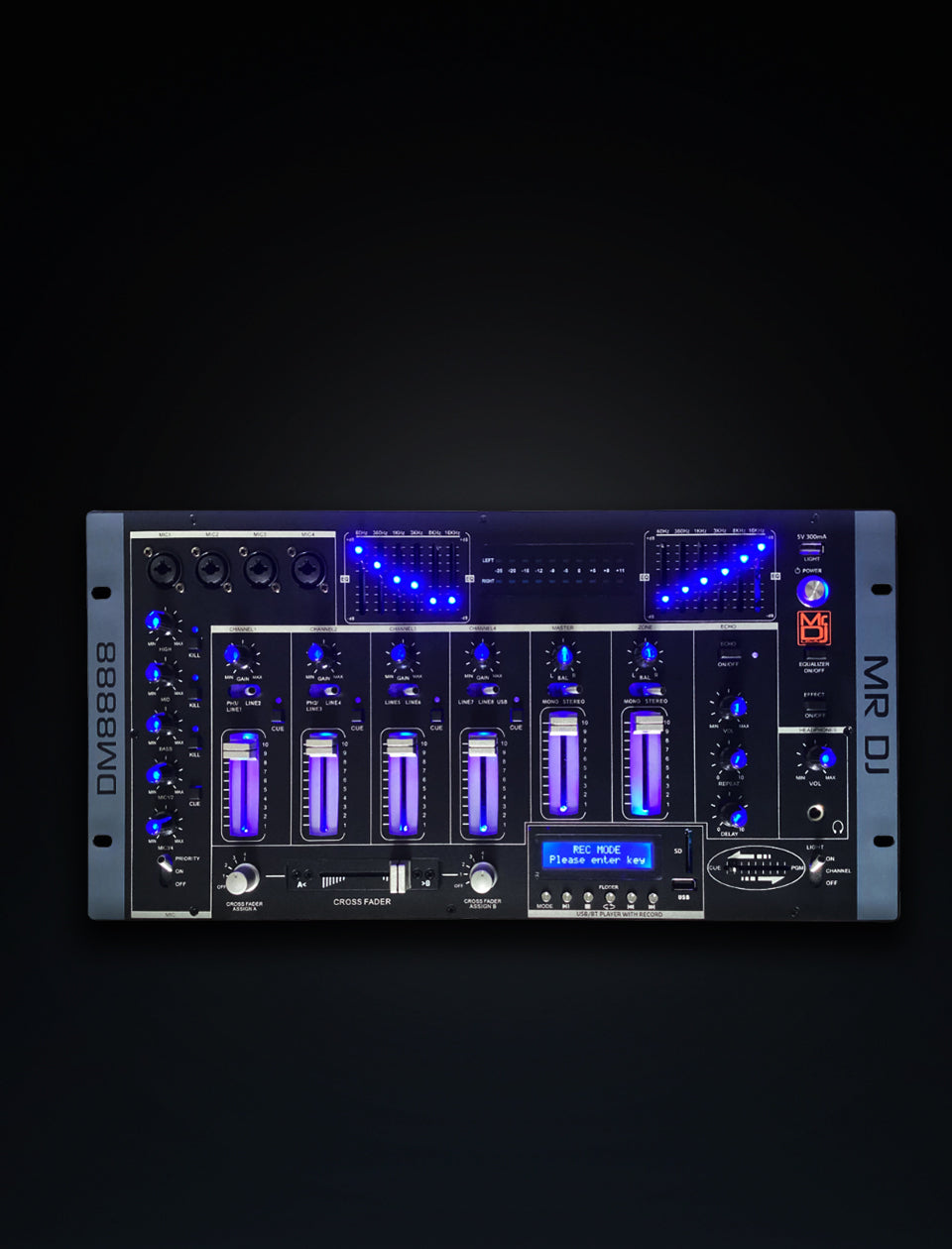 MR DJ DM8888 6-Channel Audio Mixer with LED controls and wireless features for professional DJ setups.