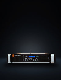 MR DJ AMP5000DSP 2Ch Class AB 5000W PA DJ Power Amplifier With Onboard DSP Bluetooth USB front view on a dark background.