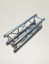A straight square tubing aluminum truss segment with a silver finish, featuring a pattern of connected trusses.