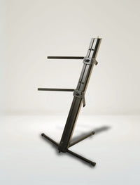 A professional 2-tier black column keyboard stand with a 5/8" mic mount, featuring foldable legs and adjustable arms.