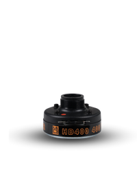 Black camera lens with 'HD400' marking on a white background