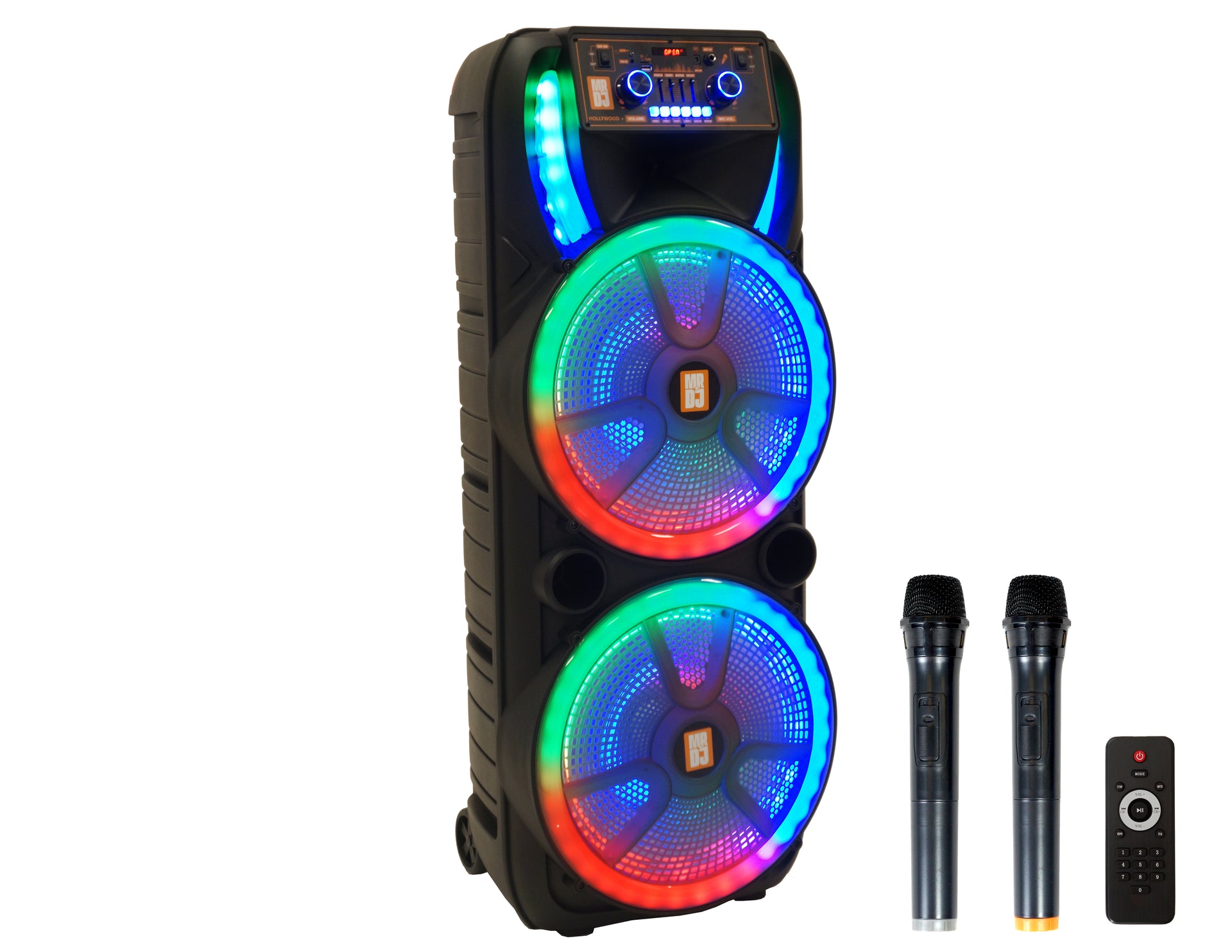 MR DJ HOLLYWOOD+ Dual 15" Rechargeable Portable Bluetooth Karaoke Speaker Party Flame Lights 2 Wireless Microphone,  TWS USB FM Radio