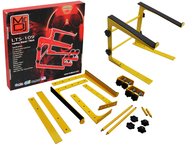 MR DJ LTS109YL Laptop Computer Stand Yellow Mobile Disc Jockey PC Table Rack Mount Clamp Bracket